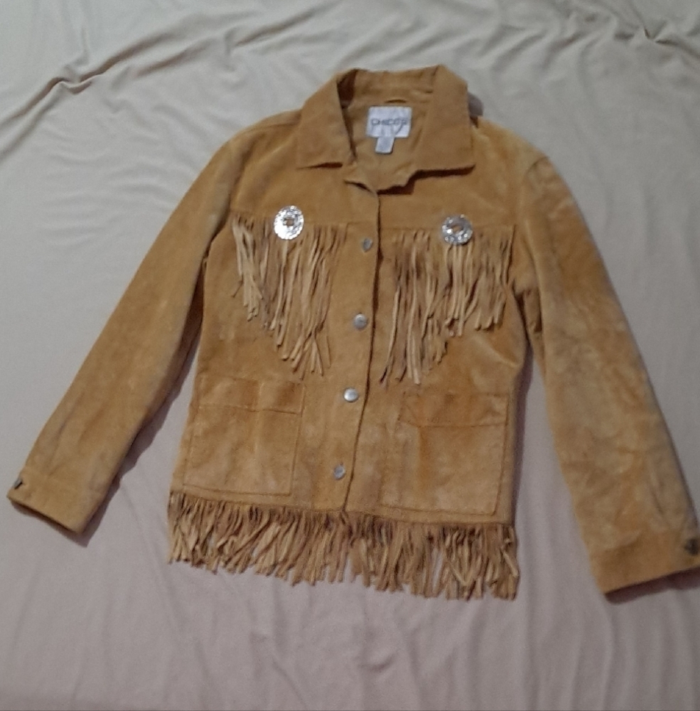 Chico's Tan Suede Fringe Utility Jacket